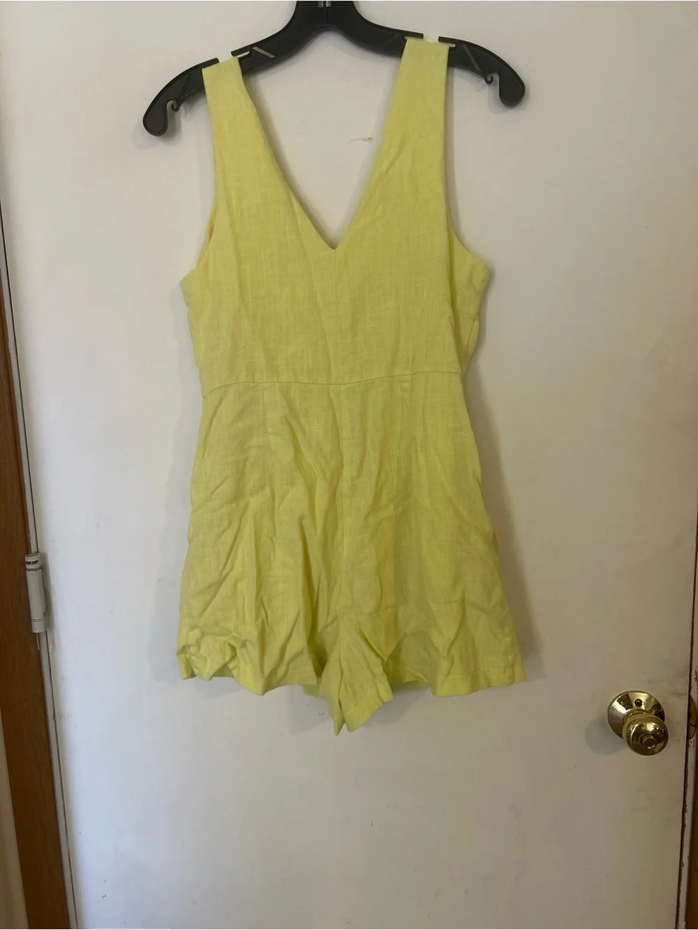Lush Medium Linen Blend Yellow V-Neck Button-Front Romper - Picture 3 of 11